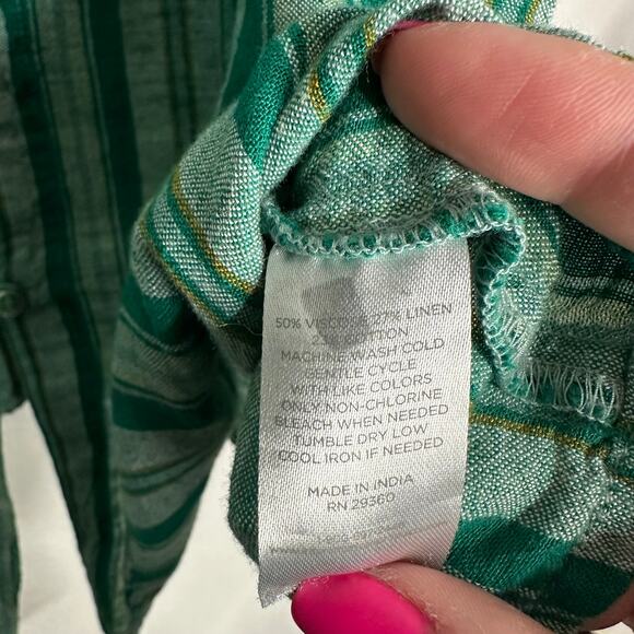 Dip Women's Green Striped Blouse XL Linen Blend Button Down Tie Front Casual - Picture 3 of 6